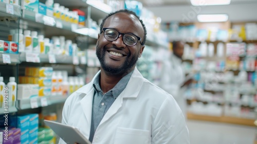 Smiling Pharmacist in Modern Pharmacy