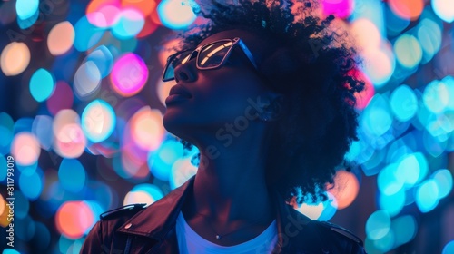 Woman Amidst Vibrant Night Lights photo