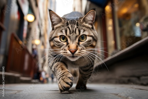 Environmental portrait photography of a curious tabby cat pouncing isolated on lively street