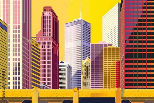 Skyscrapers, high-rise buildings colorful vector illustrations set. Beautiful simple AI generated image in 4K, unique.