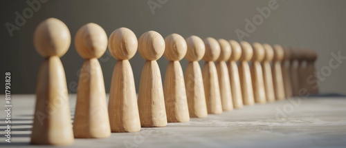 A row of wooden figures stands in a unified line on a sunlit table.