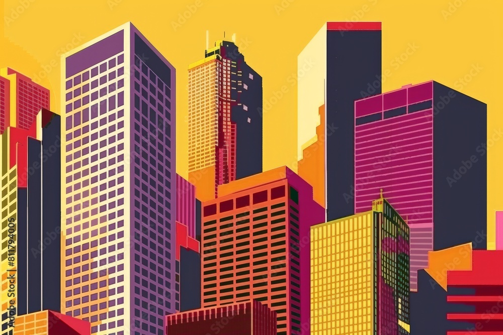 Skyscrapers, high-rise buildings colorful vector illustrations set. Beautiful simple AI generated image in 4K, unique.