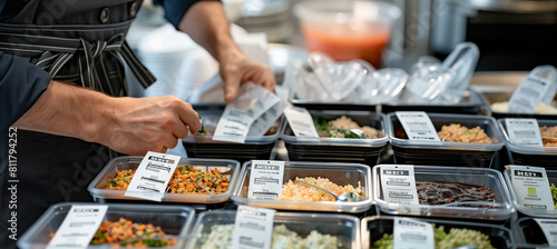 of a dietitian labeling meal prep containers with nutritional information and delivery tags, focusing on the detailed organization of diet plans, Meal, Food, Delivering, Take Out F