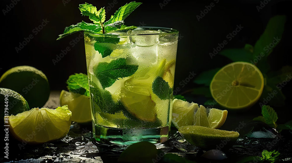 Close-up photography of a refreshing Mojito, skillfully highlighting the delicate veins of the vibrant mint leaves and the glistening, translucent lime slices, making it a visual delight for the sense Close-up photography of a refreshing Mojito, skillfully highlighting the delicate veins of the vibrant mint leaves and the glistening, translucent lime slices, making it a visual delight for the sense