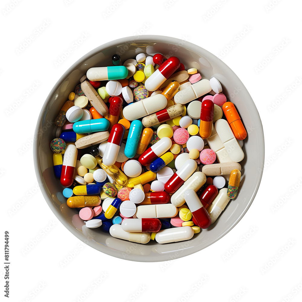 Bowl filled with capsules and tablets, background, top angle on transparent background Bowl filled with capsules and tablets, background, top angle on transparent background