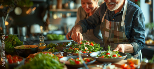 showing a senior couple carefully plating a freshly made salad, with attention to presentation and nutritional content, Senior Adult, Healthy Eating, Healthy Lifestyle, Cooking, wi