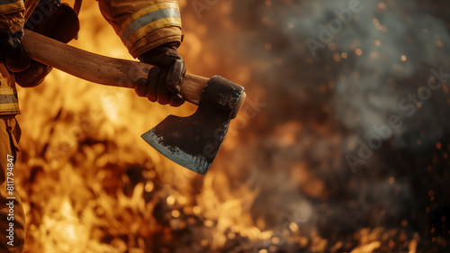 Firefighter holding an axe amidst a blazing fire, ready for action.
