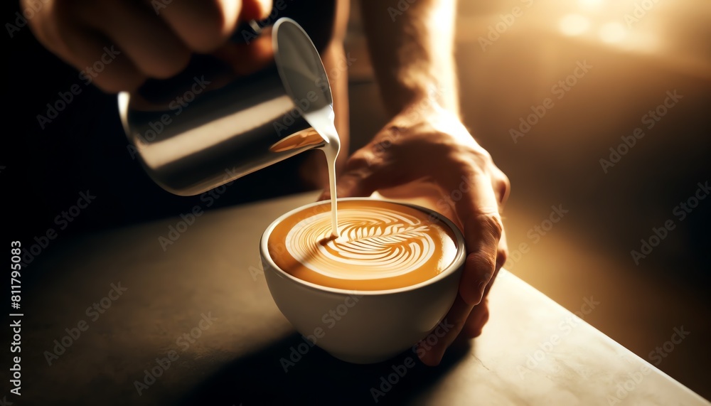 Image of a barista's hands pouring steamed milk into a coffee cup, creating a detailed latte art Image of a barista's hands pouring steamed milk into a coffee cup, creating a detailed latte art