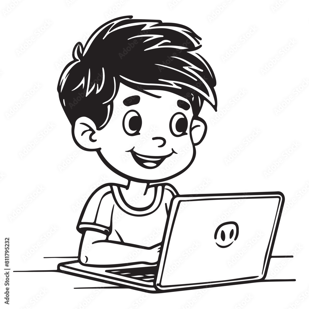 Boy using laptop illustration, black vector design for kids coloring book isolated on white background Boy using laptop illustration, black vector design for kids coloring book isolated on white background