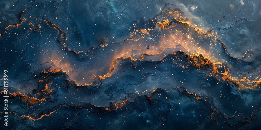 Blue and gold texture of a plastered wall pattern design. Blue old rough plaster background wallpaper. Blue rough painted wall surface. Raster bitmap illustration. AI artwork. Blue and gold texture of a plastered wall pattern design. Blue old rough plaster background wallpaper. Blue rough painted wall surface. Raster bitmap illustration. AI artwork.