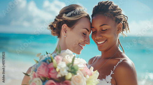Wedding ceremony of lgbt female couple on a tropical beach. Racial equality. photo