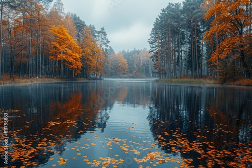 A serene autumn scene with a mirror-like lake reflecting vibrant orange trees and fallen leaves