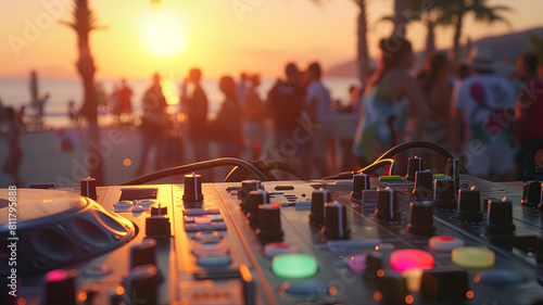 Close up of a DJ console in the background of a sunset party on a beach with palm trees. Summer disco on the beach. Background.