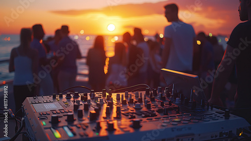 Close up of a DJ console in the background of a sunset party on a beach with palm trees. Summer disco on the beach. Background.