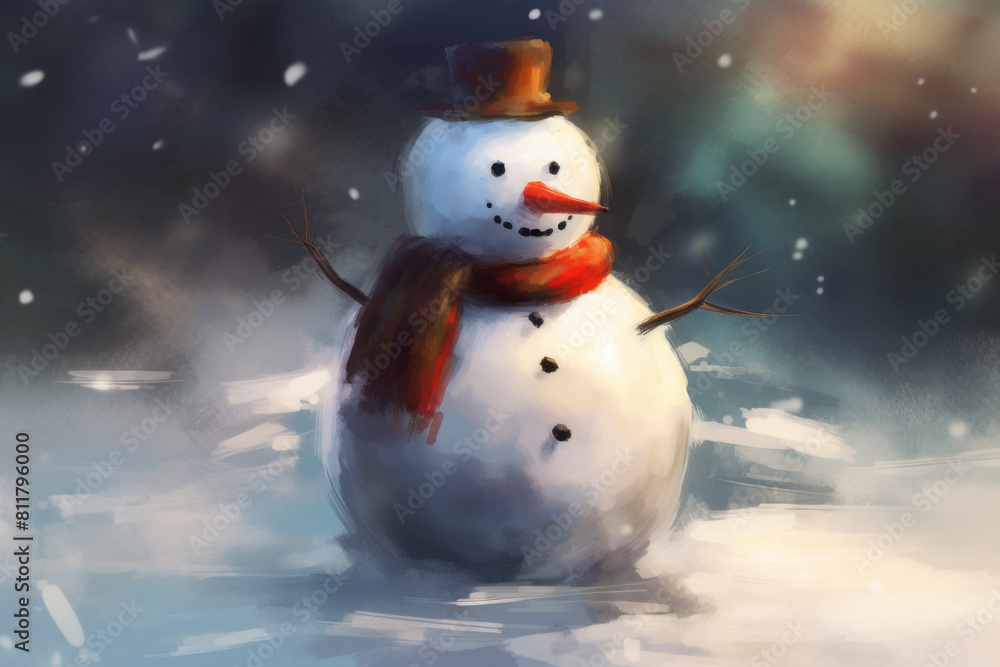 Obraz premium a snowman in a hat and scarf,ai