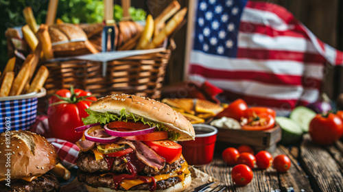 Traditional American food with picnic basket and flag