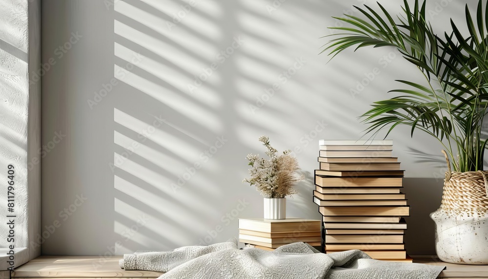 A stylish stack of fashion books on a modern desk, with copy space at the bottom for a promotional banner A stylish stack of fashion books on a modern desk, with copy space at the bottom for a promotional banner
