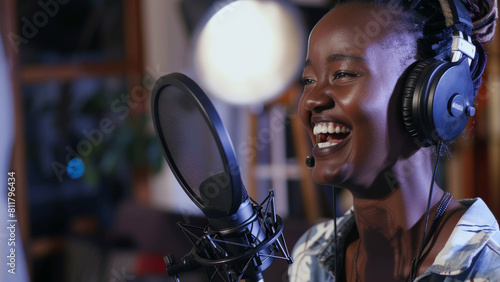 Energetic singer with radiant smile recording in a sound studio.