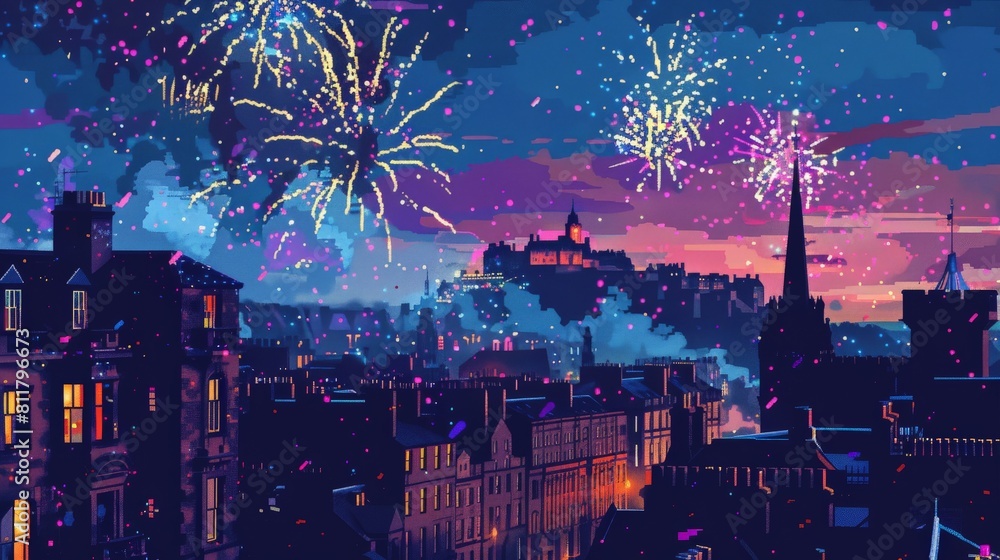 Fototapeta premium The night sky is lit up with fireworks over the city