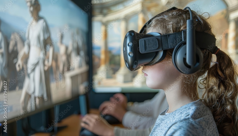 A teacher leading a virtual reality field trip to ancient Rome, with students exploring historical sites interactively A teacher leading a virtual reality field trip to ancient Rome, with students exploring historical sites interactively