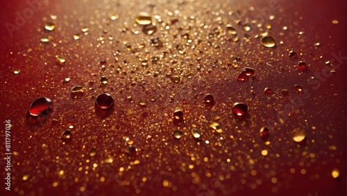 Gilded Crimson  Red Liquid Infused with Golden Glitters  Scattered Gold Sparkles on Red Background