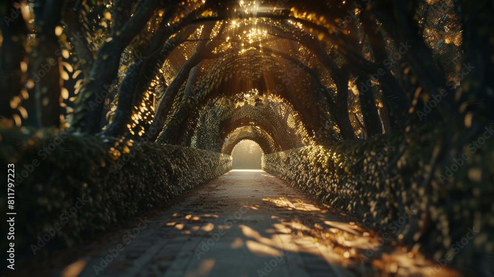 Naklejka premium Enchanted garden path tunneled by lush greenery, basking in a sunset glow.