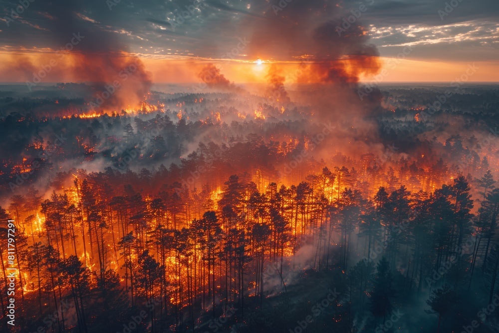 The sun sets behind an immense forest fire, with intense orange flames consuming the trees in a dramatic scene The sun sets behind an immense forest fire, with intense orange flames consuming the trees in a dramatic scene