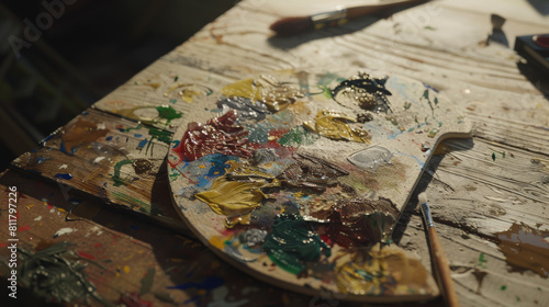 An artist's palette covered in vibrant oil paints and surrounded by brushes.