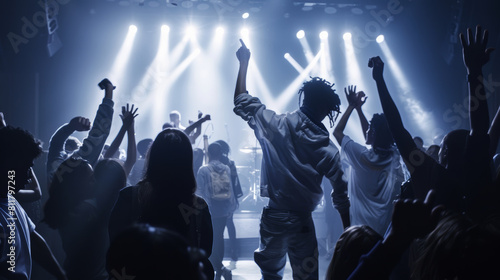 Silhouettes of concertgoers with hands raised in a music festival atmosphere, bathed in stage lights.