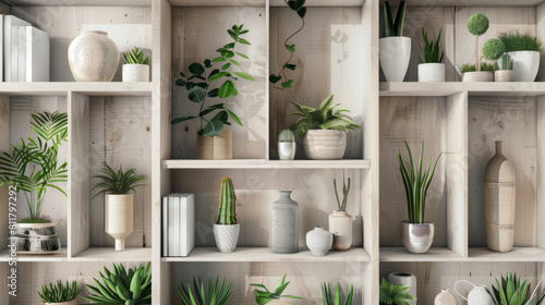 Home decor shelves with an arrangement of plants and decorative items.