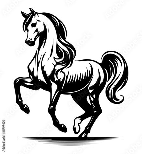 A beautifully stylized illustration of a prancing horse, captured in black and white with flowing mane and tail.