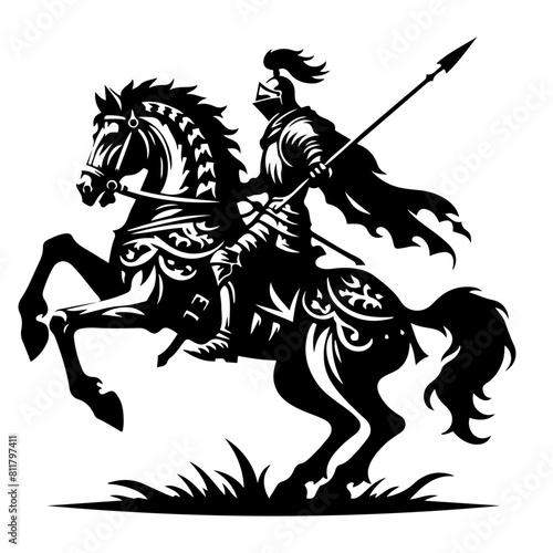 Black and white silhouette illustration of a medieval knight with a spear on horseback, depicted in a stylized design.