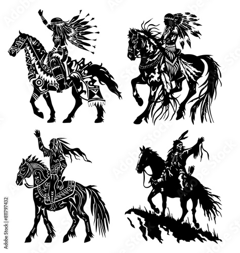 Native American Warriors on Horseback Silhouettes ¥