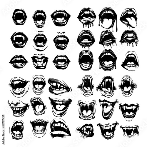 Black and White Mouth Expressions – Silhouette Set of Facial Emotions and Lip Movements ¥