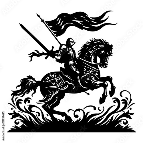 Dramatic black silhouette of a knight wielding a sword on horseback, set against a swirling floral backdrop.