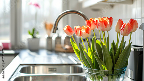 Tulips in sink and utensils on kitchen counters near white #811797807
