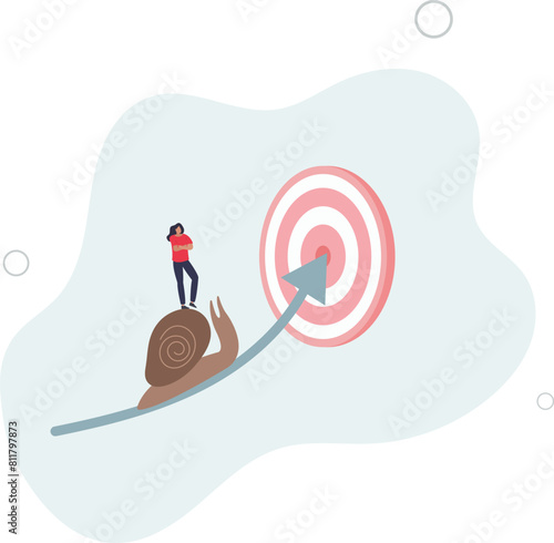 businesswoman riding snail slow walking on arrow to reach target.flat vector illustration.