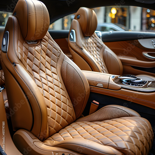 Motor vehicle with brown leather seats, wood accents, and classic design © Nadtochiy