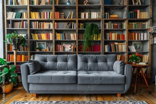 Grey sofa against wooden bookcase. Loft interior design of modern living room, home. © Sangkarn