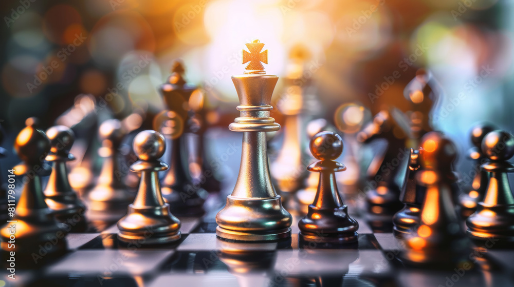 Illuminated king stands victorious amid a strategic battlefield of chess pieces. Illuminated king stands victorious amid a strategic battlefield of chess pieces.