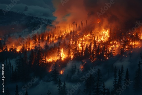 Dramatic image displaying the ferocity of a forest wildfire, illuminating the night sky with bright orange flames photo