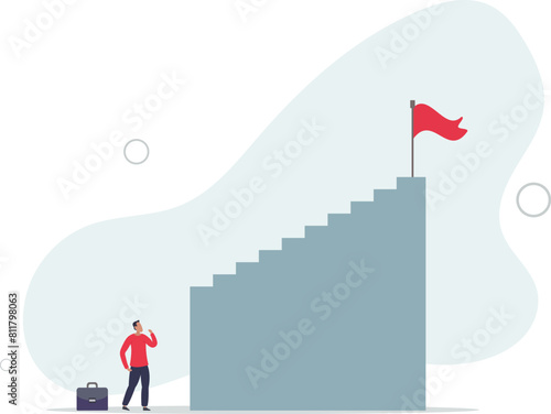 discouraged businessman looking at high steep first step of success stairway.flat vector illustration.
