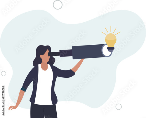 businesswoman look through telescope to find lightbulb idea.flat vector illustration.