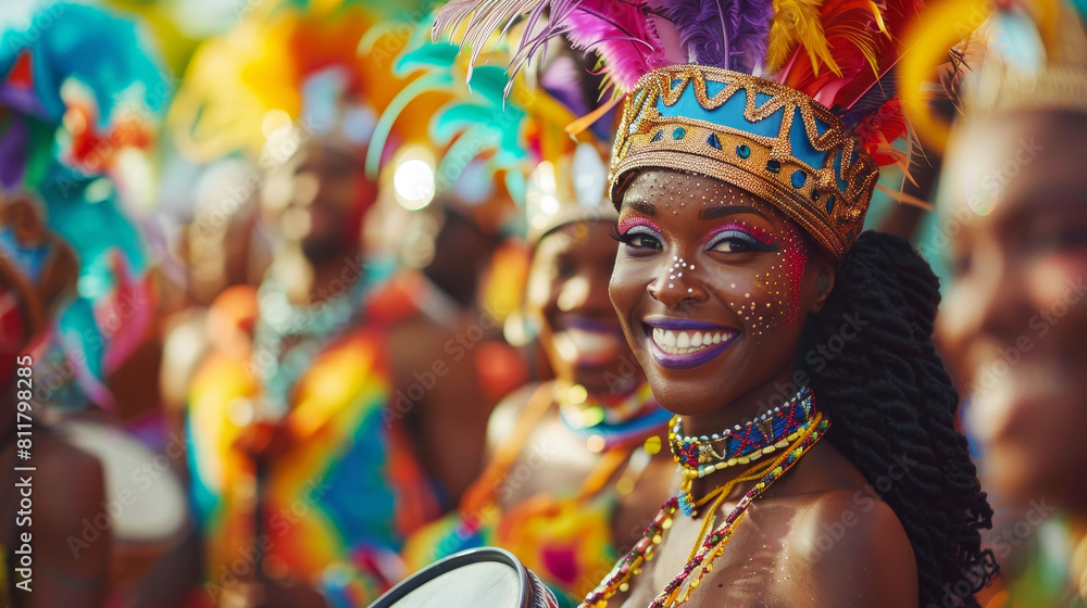 Vibrant Caribbean carnival parade with joyful dancers in colorful costumes