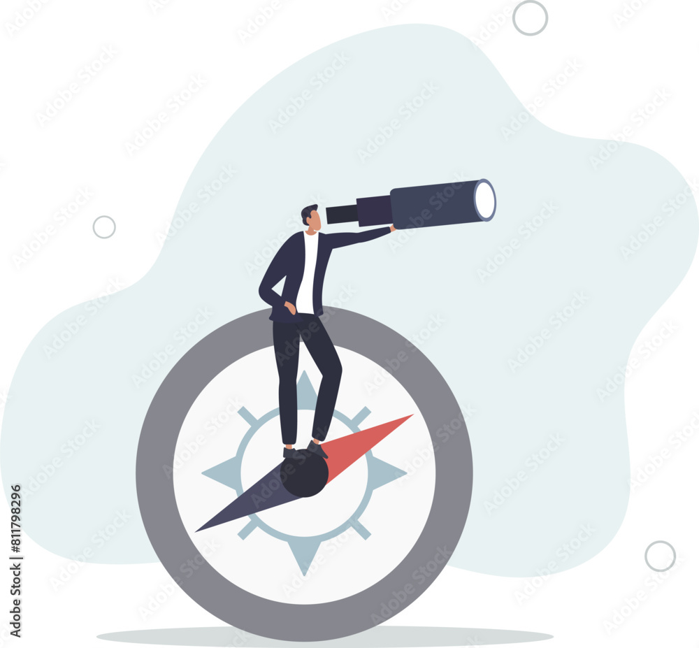 smart businessman standing with big compass look through spyglass or telescope.flat vector illustration. smart businessman standing with big compass look through spyglass or telescope.flat vector illustration.