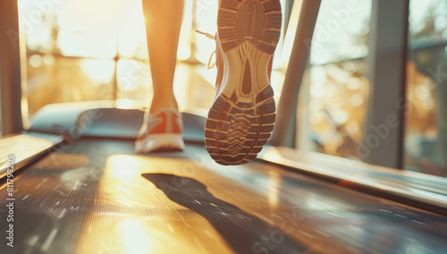 Close-up view of athletic shoes running on a treadmill in a gym with warm sunlight