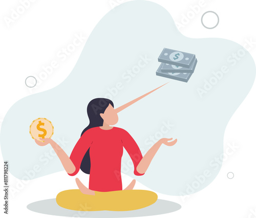 businesswoman liar talk about big profit while think of small money in reality.flat vector illustration.