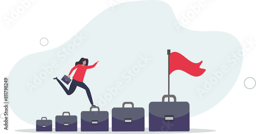 businesswoman professional step up briefcase stair to reach goal on top.flat vector illustration.