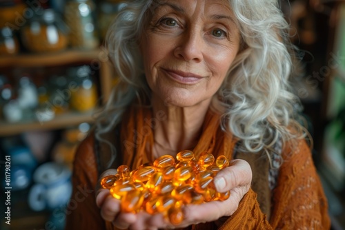 An elderly woman holds a handful of omega-3 capsules, symbolizing health and well-being in the golden years