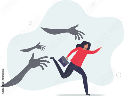 frightened businesswoman running away from creepy monster hand chasing.flat vector illustration.